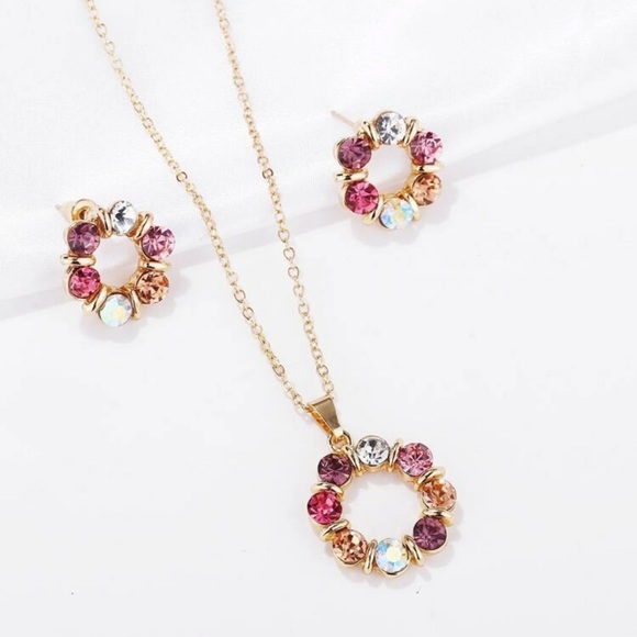 🆕 Multicolor Crystal Rhinestone Gold Circle Necklace Earrings & Pendant … - Picture 5 of 5